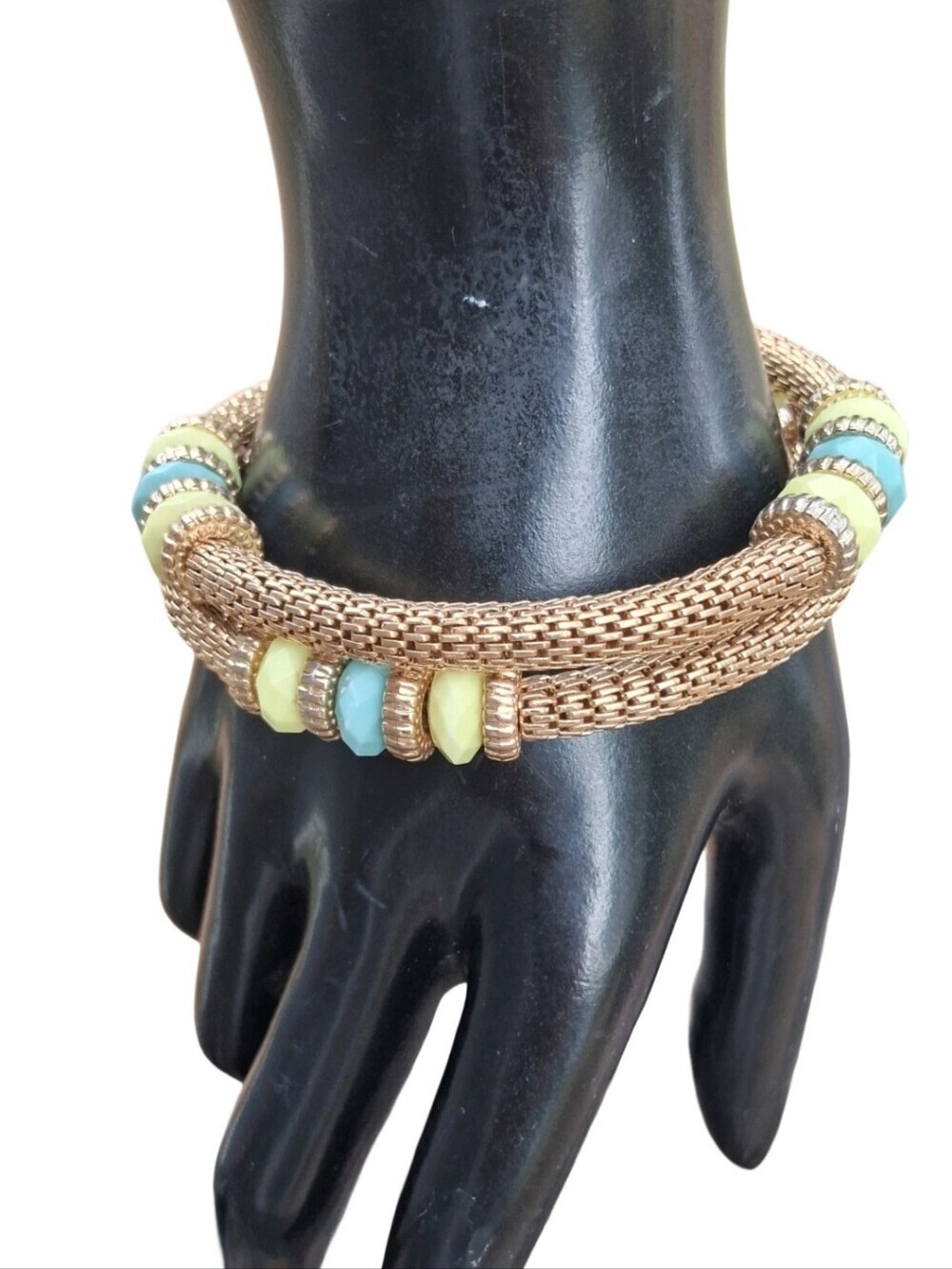 Vintage Gold Tone Mesh Bypass Cuff Bracelet Pastel Beaded Wrap Statement